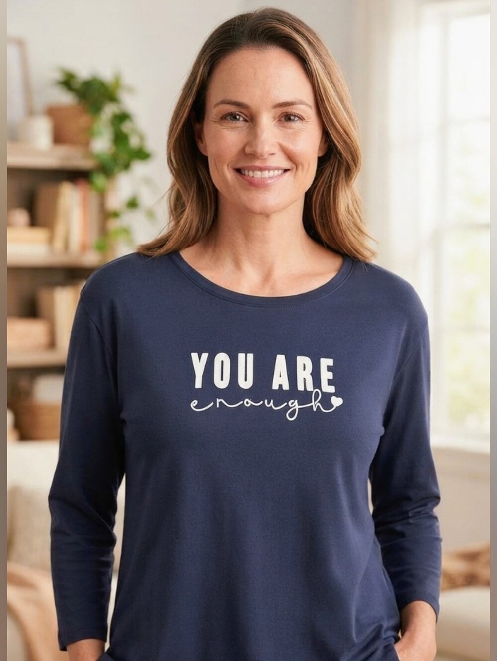 IN TOUCHE You Are Enough Graphic Long Sleeve Shirt Navy Blue Lounge Top Large L